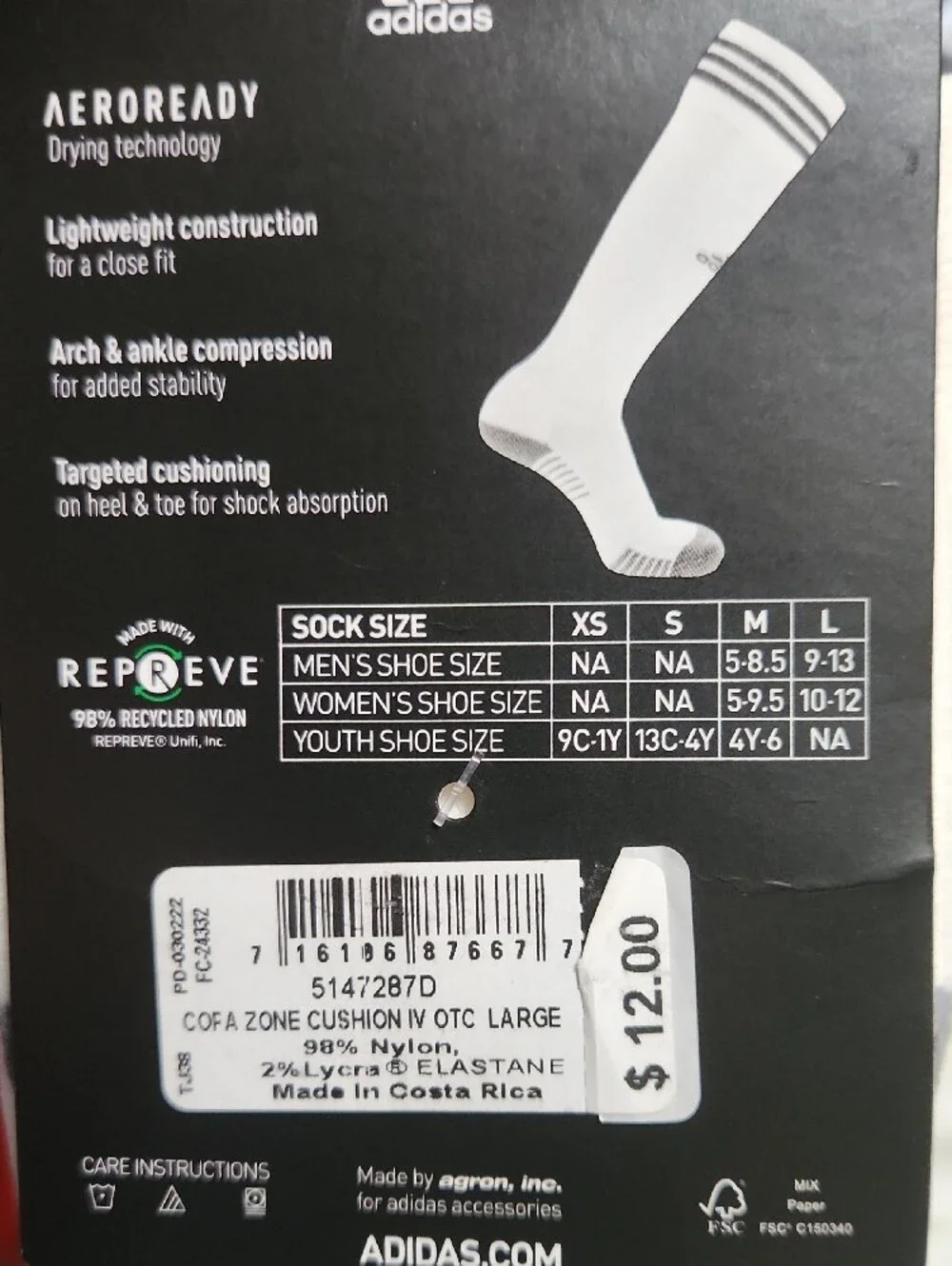 adidas Men’s Soccer Copa Zone Crew Socks — White Size L 9 -13
